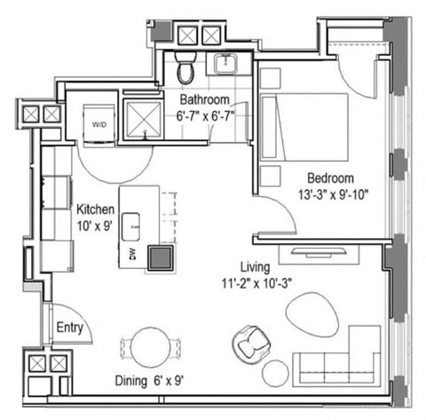 Floor plan for 1 bed, 1 bath, 623 sqft